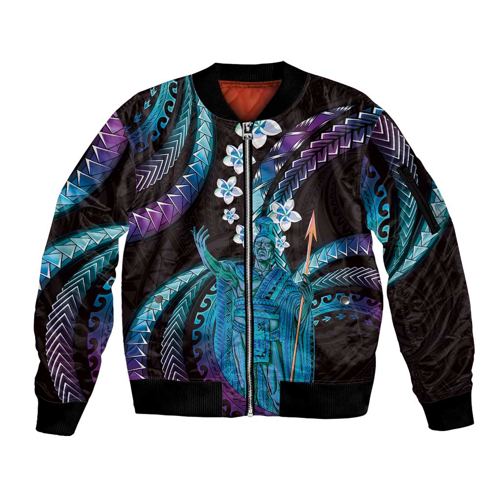 Hawaii King Kamehameha Sleeve Zip Bomber Jacket Fantastic Plumeria Amethyst Gradient