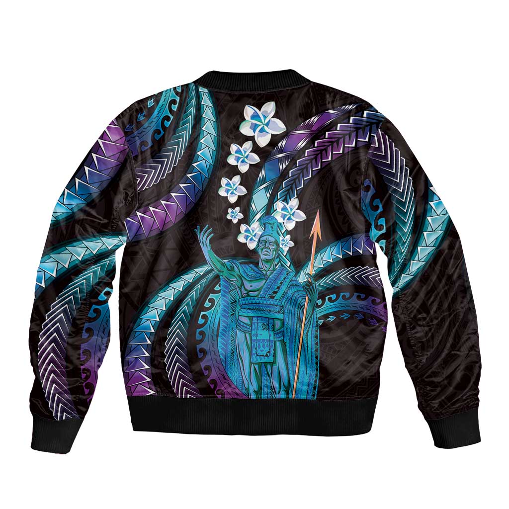 Hawaii King Kamehameha Sleeve Zip Bomber Jacket Fantastic Plumeria Amethyst Gradient