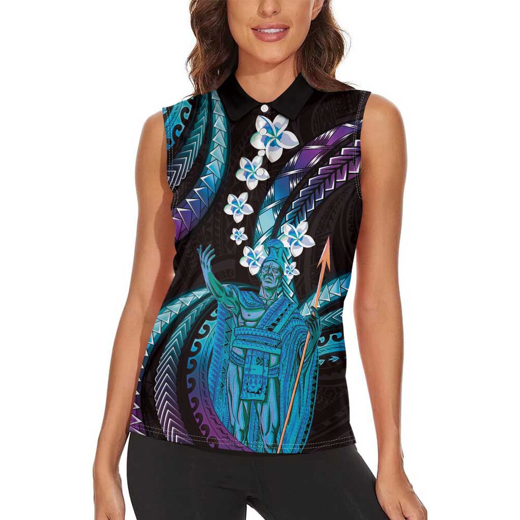Hawaii King Kamehameha Women Sleeveless Polo Shirt Fantastic Plumeria Amethyst Gradient