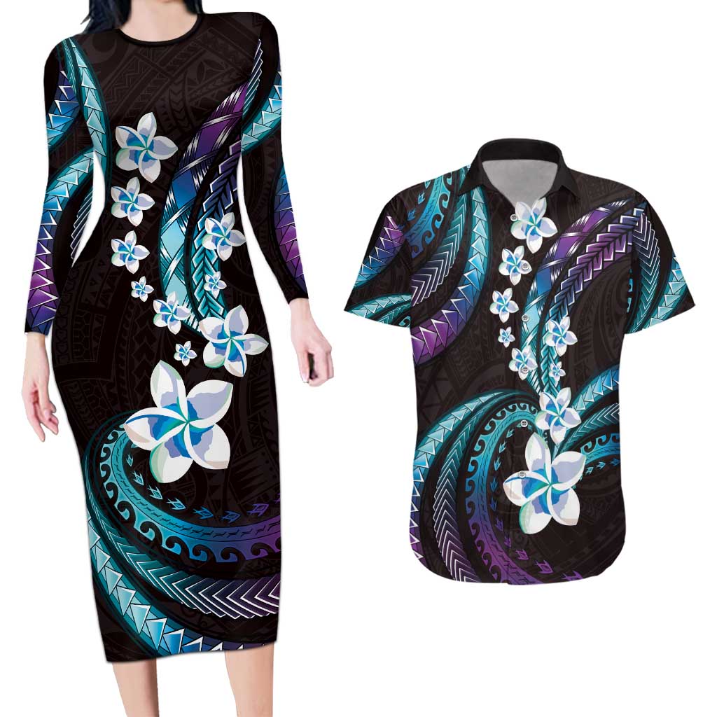 Hawaii Plumeria Couples Matching Long Sleeve Bodycon Dress and Hawaiian Shirt Amethyst Gradient Polynesian Pattern LT01 Purple - Polynesian Pride
