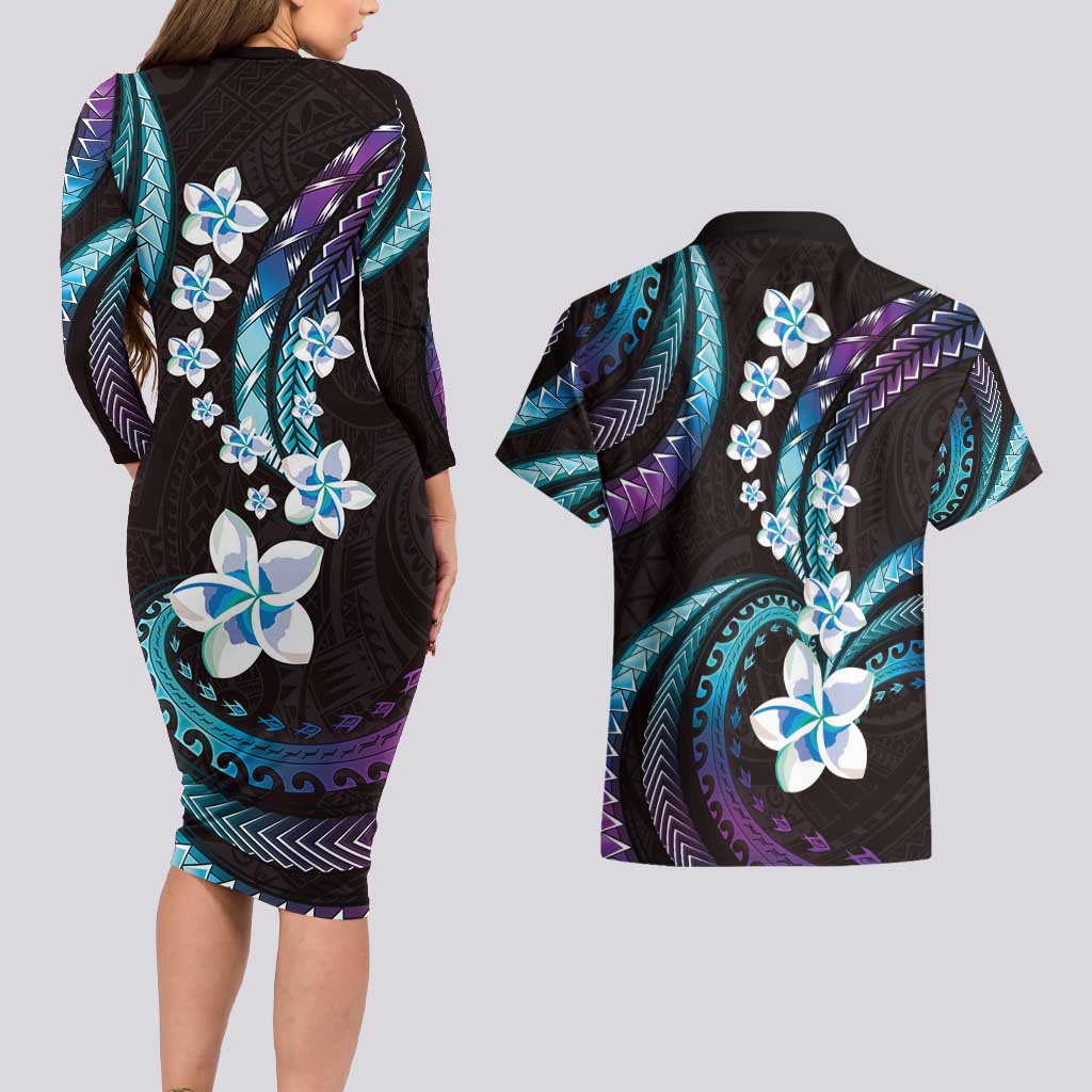 Hawaii Plumeria Couples Matching Long Sleeve Bodycon Dress and Hawaiian Shirt Amethyst Gradient Polynesian Pattern LT01 - Polynesian Pride
