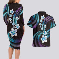 Hawaii Plumeria Couples Matching Long Sleeve Bodycon Dress and Hawaiian Shirt Amethyst Gradient Polynesian Pattern LT01 - Polynesian Pride