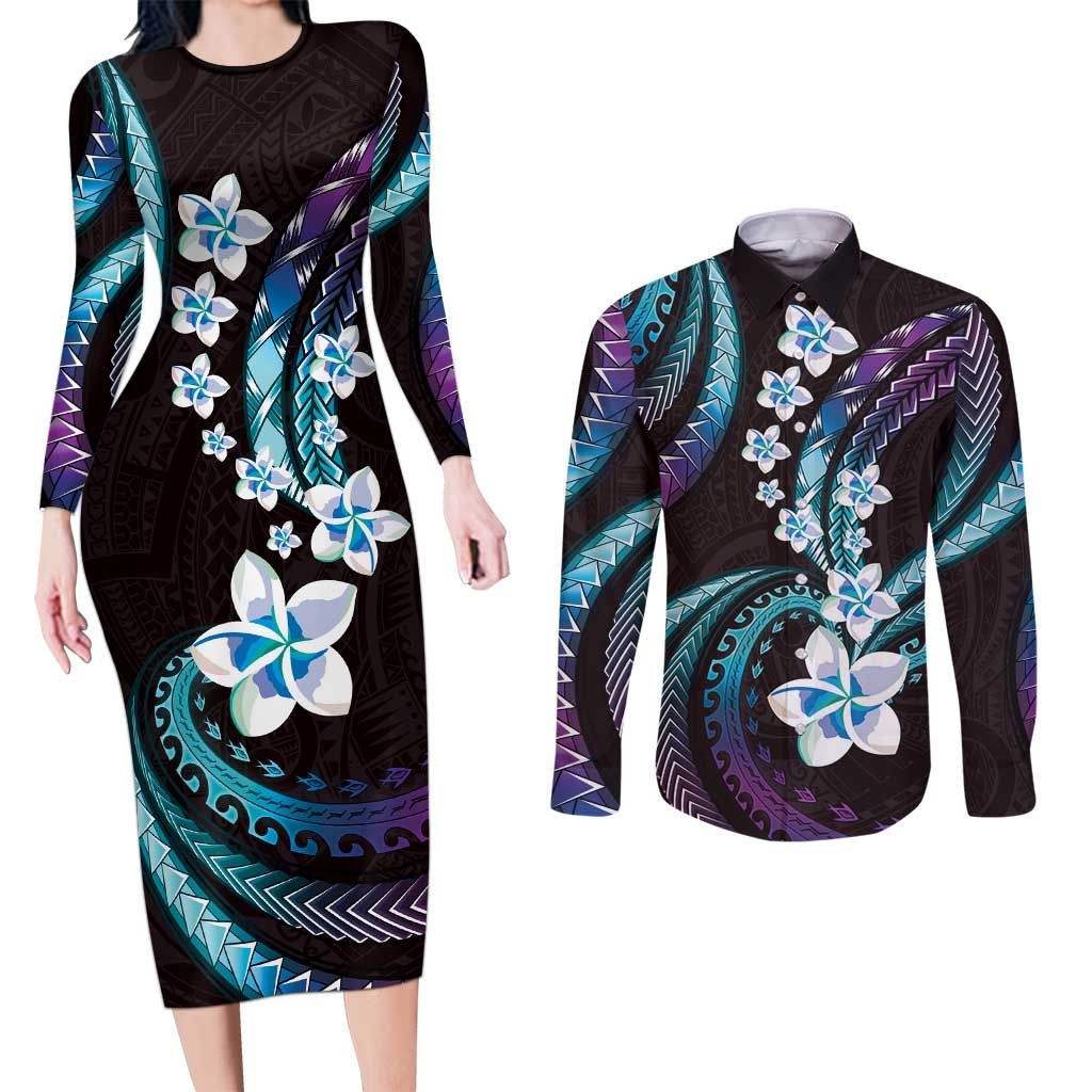 Hawaii Plumeria Couples Matching Long Sleeve Bodycon Dress and Long Sleeve Button Shirt Amethyst Gradient Polynesian Pattern LT01 Purple - Polynesian Pride