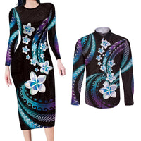 Hawaii Plumeria Couples Matching Long Sleeve Bodycon Dress and Long Sleeve Button Shirt Amethyst Gradient Polynesian Pattern LT01 Purple - Polynesian Pride