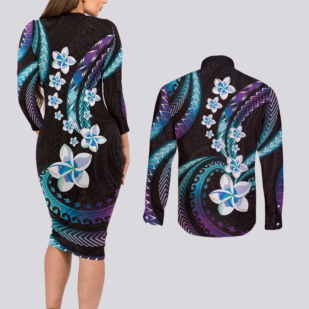 Hawaii Plumeria Couples Matching Long Sleeve Bodycon Dress and Long Sleeve Button Shirt Amethyst Gradient Polynesian Pattern LT01 - Polynesian Pride