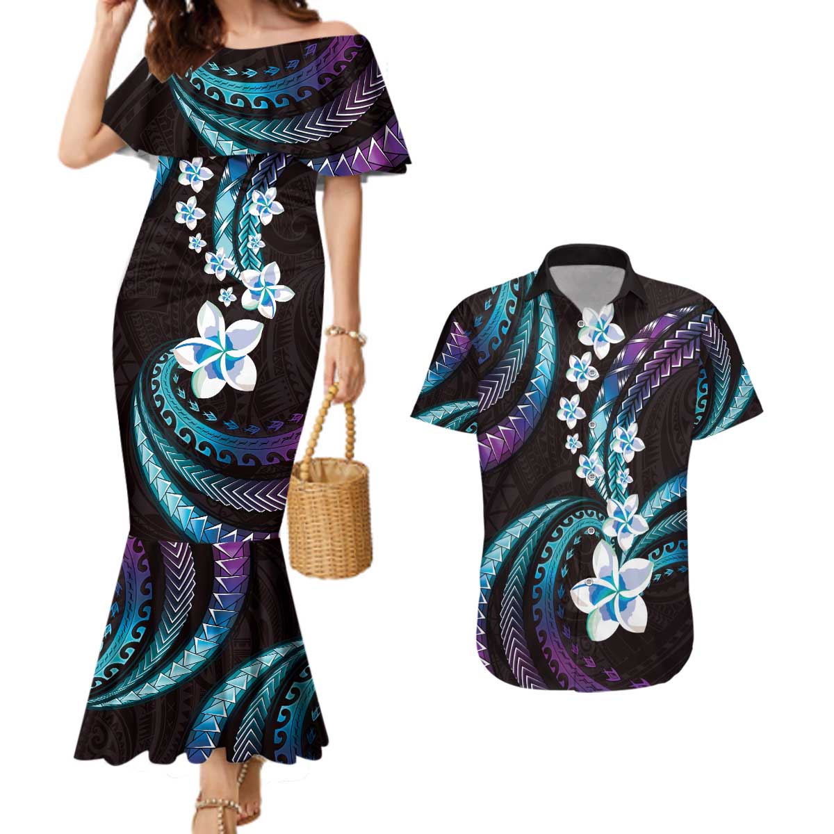Hawaii Plumeria Couples Matching Mermaid Dress and Hawaiian Shirt Amethyst Gradient Polynesian Pattern LT01 Purple - Polynesian Pride