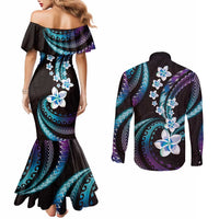 Hawaii Plumeria Couples Matching Mermaid Dress and Long Sleeve Button Shirt Amethyst Gradient Polynesian Pattern LT01 - Polynesian Pride