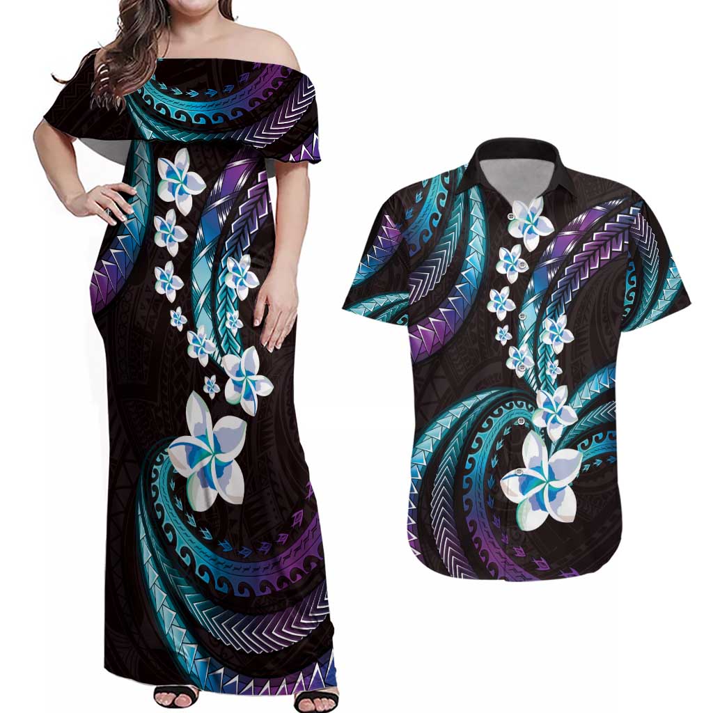 Hawaii Plumeria Couples Matching Off Shoulder Maxi Dress and Hawaiian Shirt Amethyst Gradient Polynesian Pattern LT01 Purple - Polynesian Pride