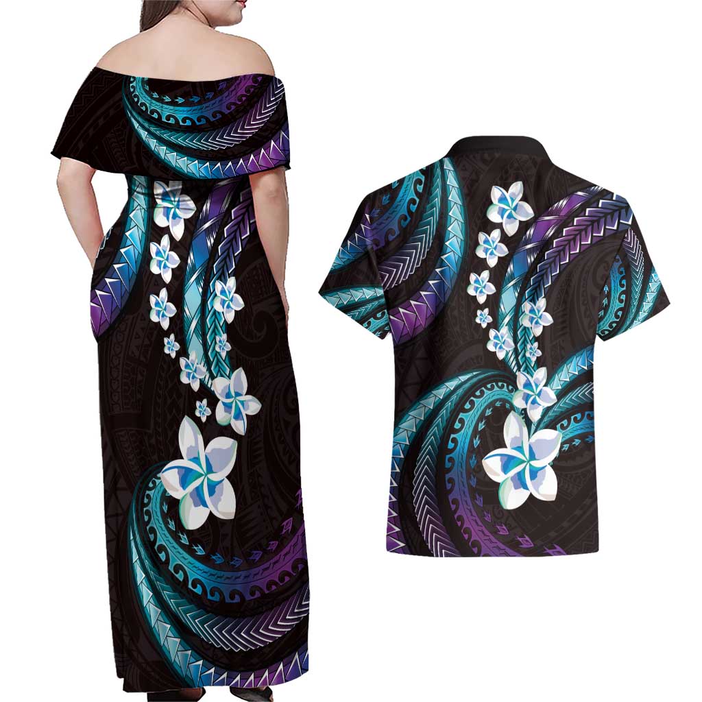 Hawaii Plumeria Couples Matching Off Shoulder Maxi Dress and Hawaiian Shirt Amethyst Gradient Polynesian Pattern LT01 - Polynesian Pride