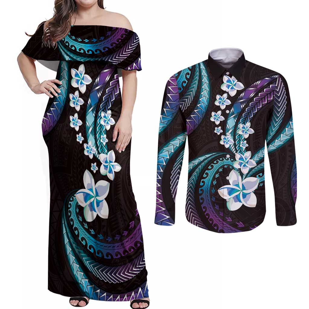 Hawaii Plumeria Couples Matching Off Shoulder Maxi Dress and Long Sleeve Button Shirt Amethyst Gradient Polynesian Pattern LT01 Purple - Polynesian Pride