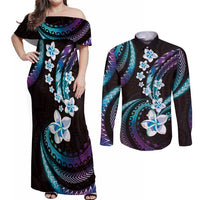 Hawaii Plumeria Couples Matching Off Shoulder Maxi Dress and Long Sleeve Button Shirt Amethyst Gradient Polynesian Pattern LT01 Purple - Polynesian Pride