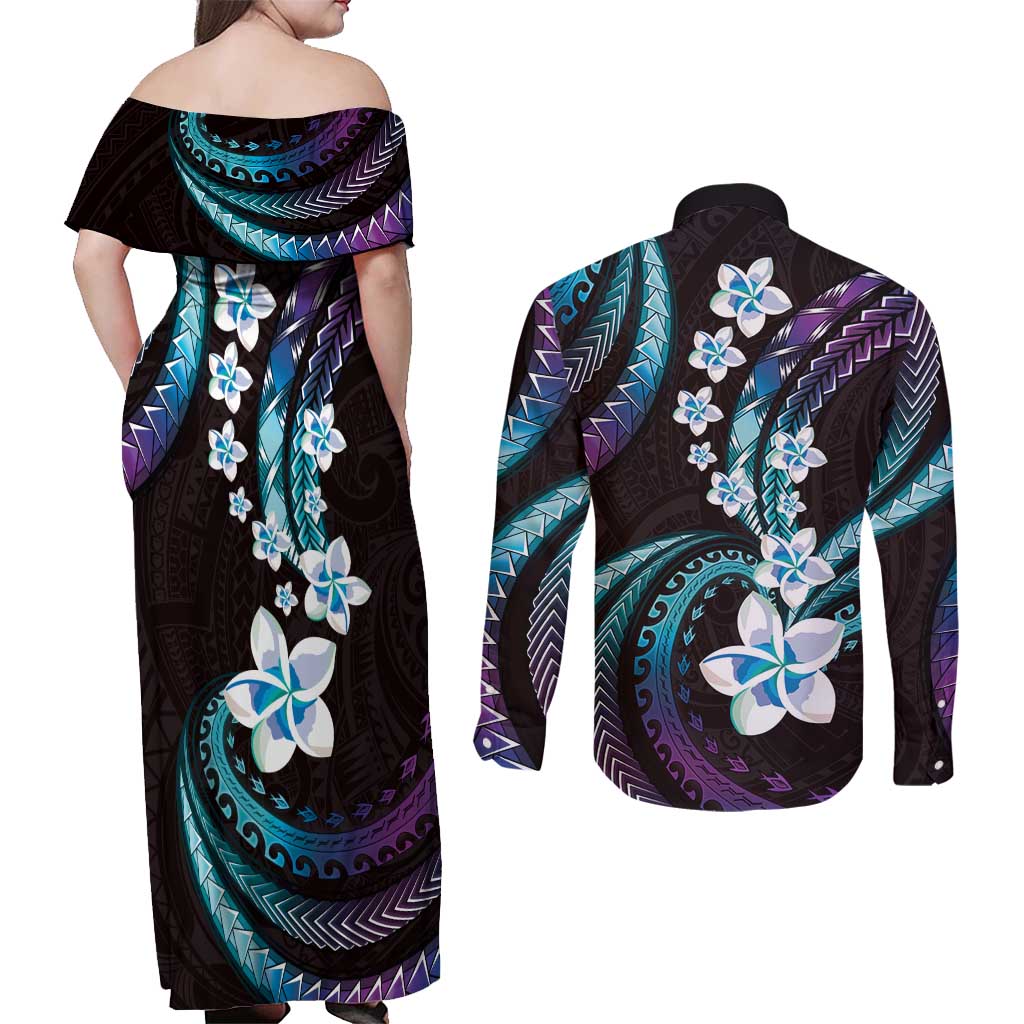 Hawaii Plumeria Couples Matching Off Shoulder Maxi Dress and Long Sleeve Button Shirt Amethyst Gradient Polynesian Pattern LT01 - Polynesian Pride