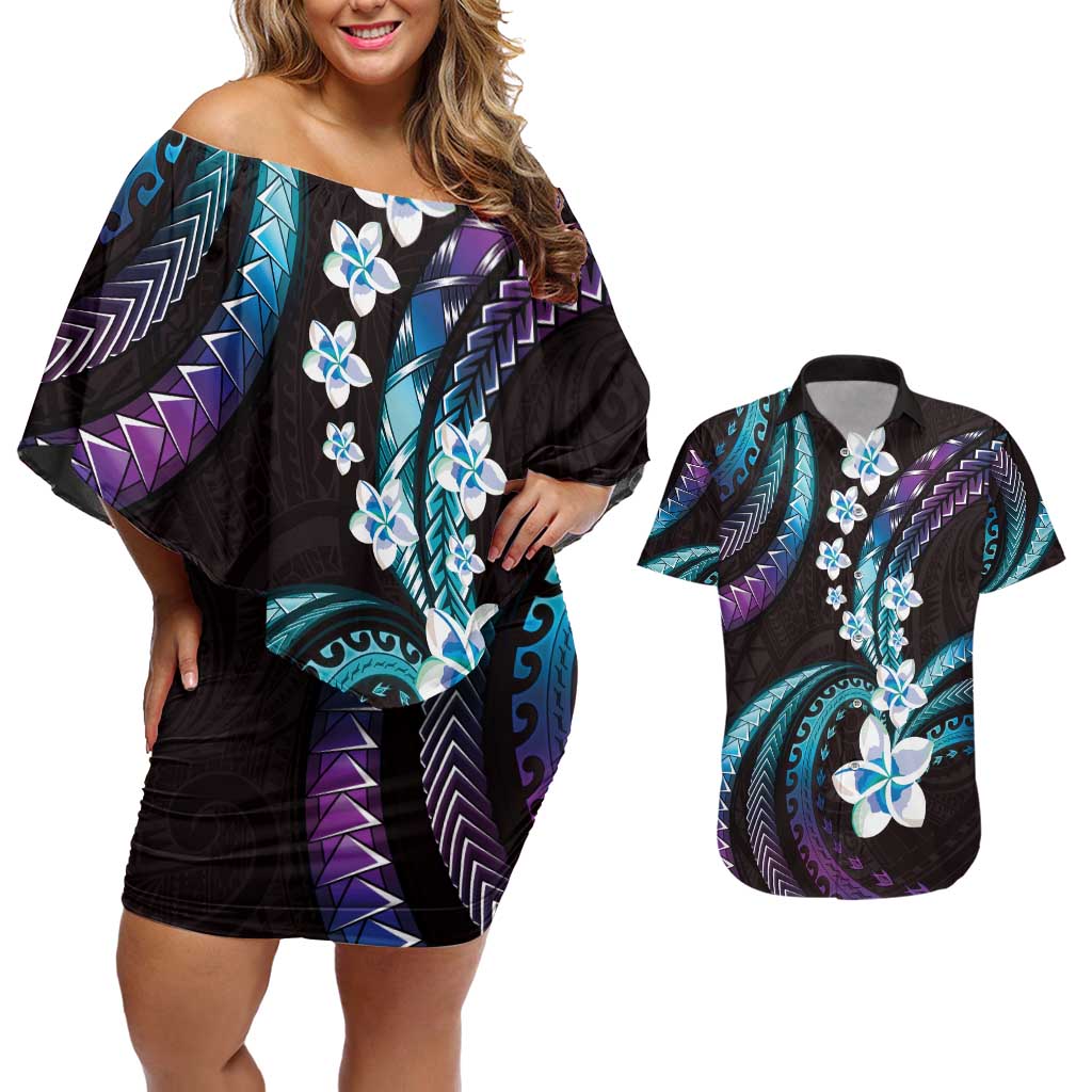 Hawaii Plumeria Couples Matching Off Shoulder Short Dress and Hawaiian Shirt Amethyst Gradient Polynesian Pattern LT01 Purple - Polynesian Pride