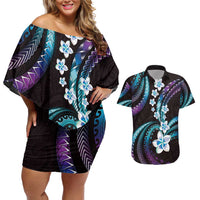 Hawaii Plumeria Couples Matching Off Shoulder Short Dress and Hawaiian Shirt Amethyst Gradient Polynesian Pattern LT01 Purple - Polynesian Pride