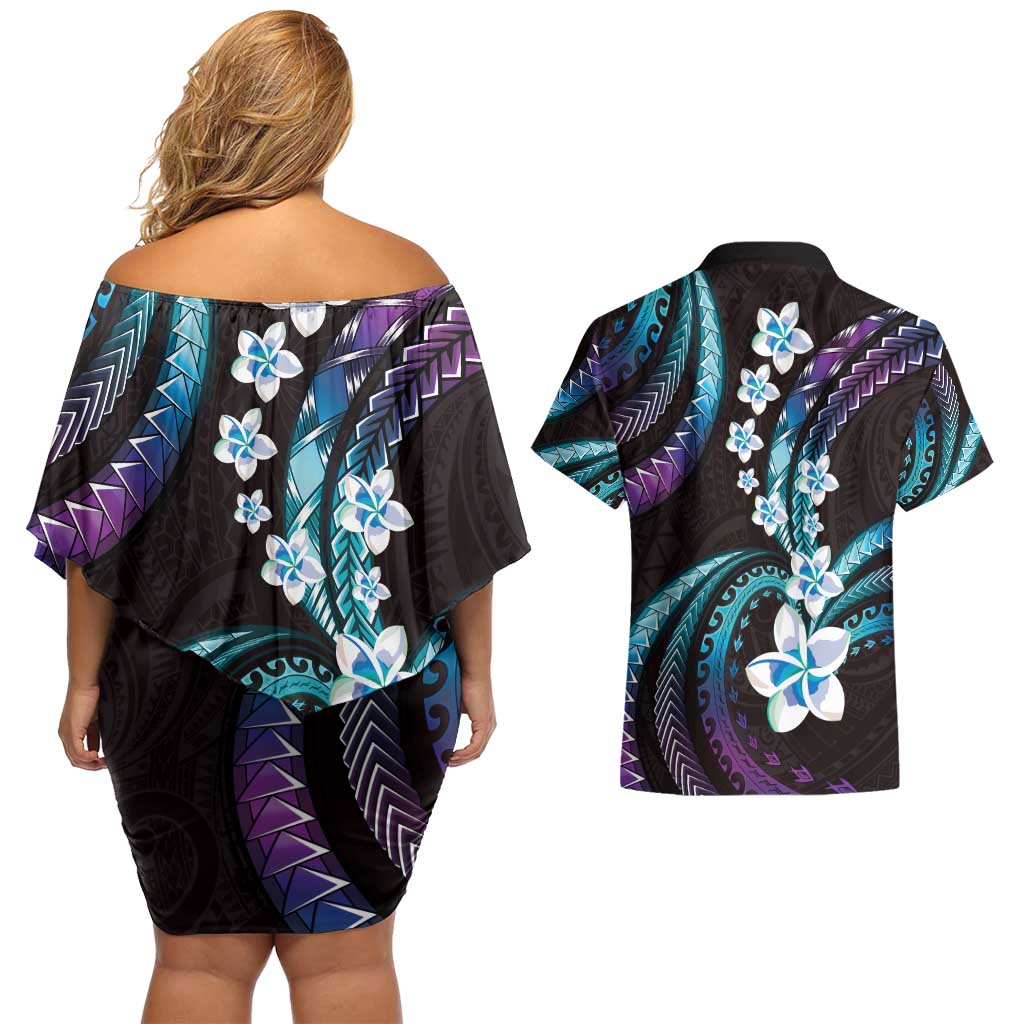 Hawaii Plumeria Couples Matching Off Shoulder Short Dress and Hawaiian Shirt Amethyst Gradient Polynesian Pattern LT01 - Polynesian Pride