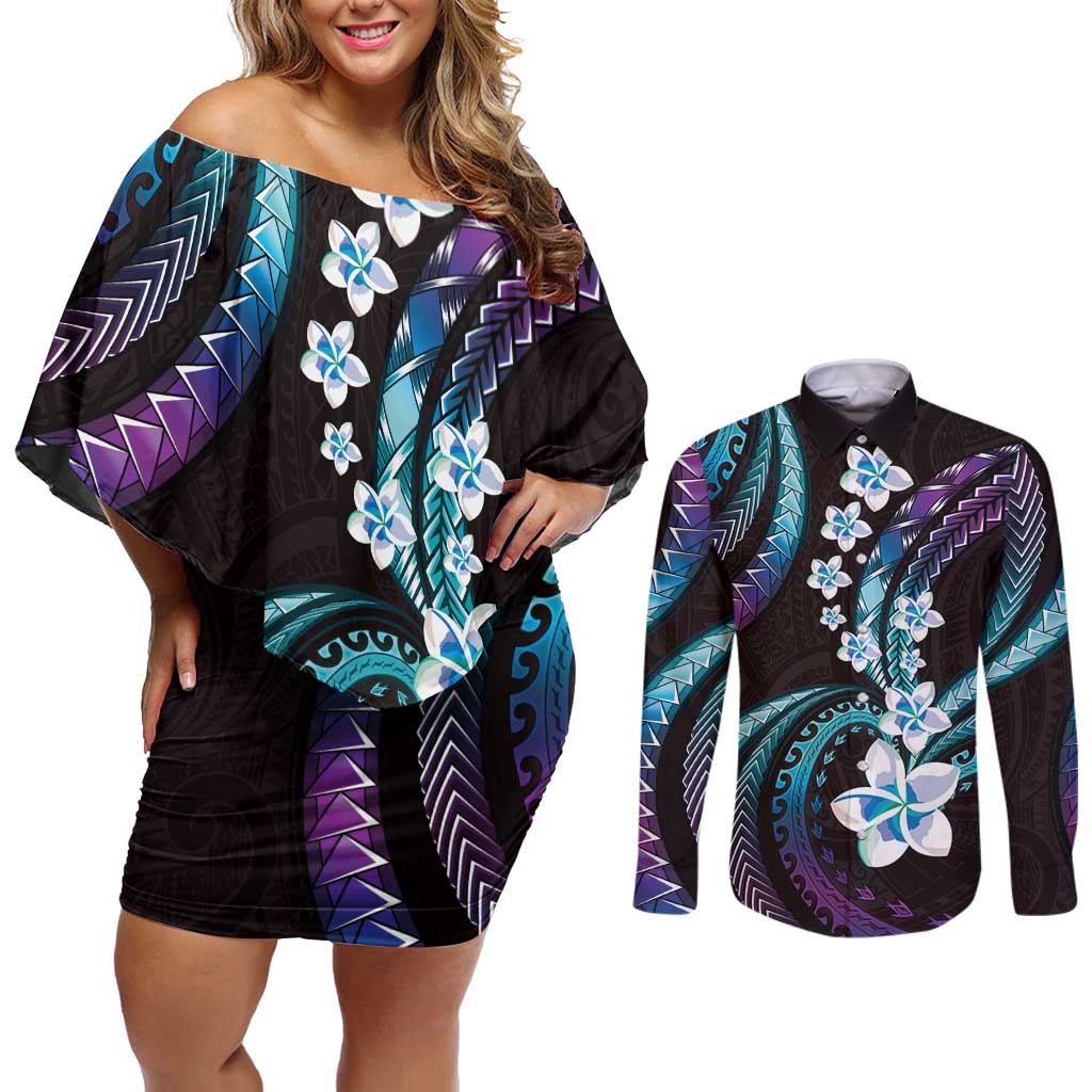 Hawaii Plumeria Couples Matching Off Shoulder Short Dress and Long Sleeve Button Shirt Amethyst Gradient Polynesian Pattern LT01 Purple - Polynesian Pride