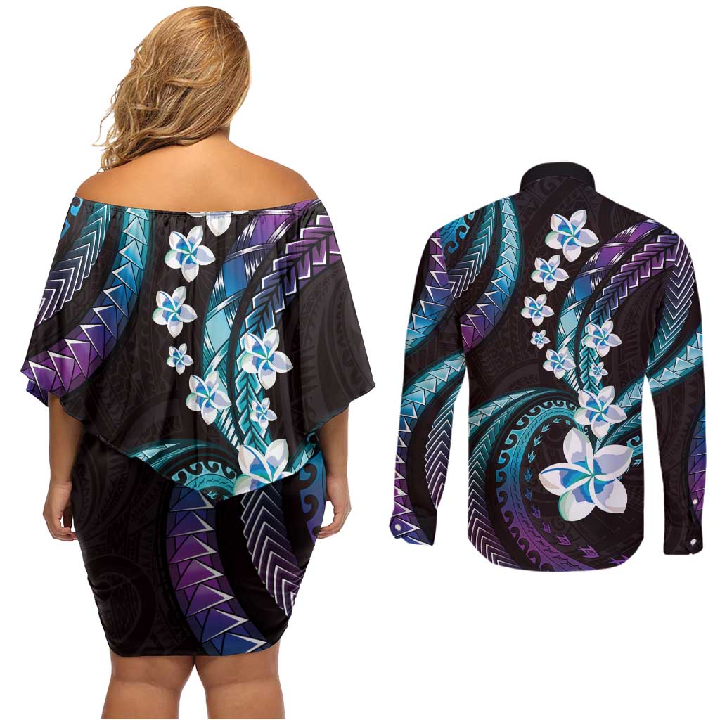 Hawaii Plumeria Couples Matching Off Shoulder Short Dress and Long Sleeve Button Shirt Amethyst Gradient Polynesian Pattern LT01 - Polynesian Pride