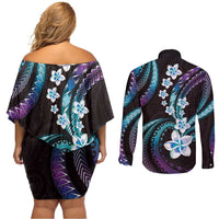 Hawaii Plumeria Couples Matching Off Shoulder Short Dress and Long Sleeve Button Shirt Amethyst Gradient Polynesian Pattern LT01 - Polynesian Pride