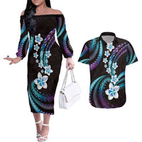 Hawaii Plumeria Couples Matching Off The Shoulder Long Sleeve Dress and Hawaiian Shirt Amethyst Gradient Polynesian Pattern LT01 Purple - Polynesian Pride