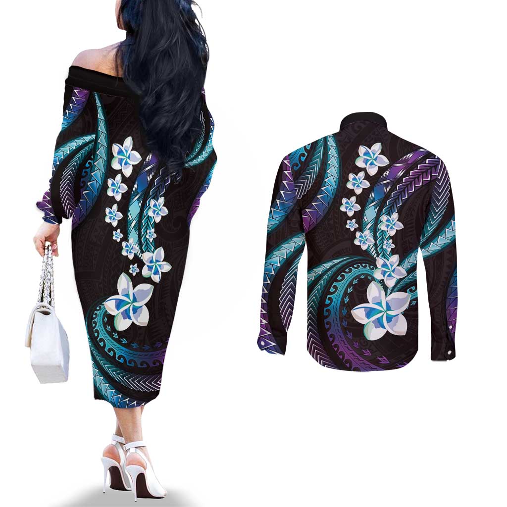 Hawaii Plumeria Couples Matching Off The Shoulder Long Sleeve Dress and Long Sleeve Button Shirt Amethyst Gradient Polynesian Pattern LT01 - Polynesian Pride