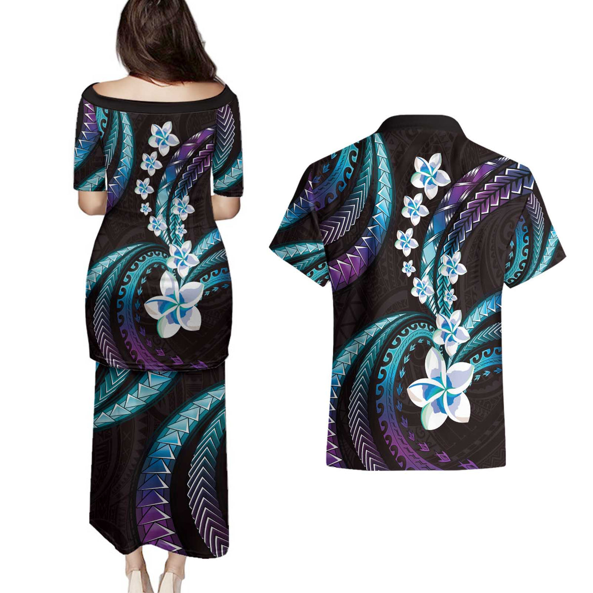 Hawaii Plumeria Couples Matching Puletasi and Hawaiian Shirt Amethyst Gradient Polynesian Pattern LT01 - Polynesian Pride