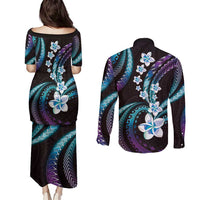 Hawaii Plumeria Couples Matching Puletasi and Long Sleeve Button Shirt Amethyst Gradient Polynesian Pattern LT01 - Polynesian Pride