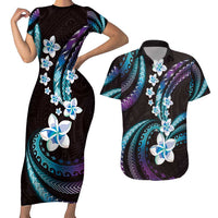 Hawaii Plumeria Couples Matching Short Sleeve Bodycon Dress and Hawaiian Shirt Amethyst Gradient Polynesian Pattern LT01 Purple - Polynesian Pride