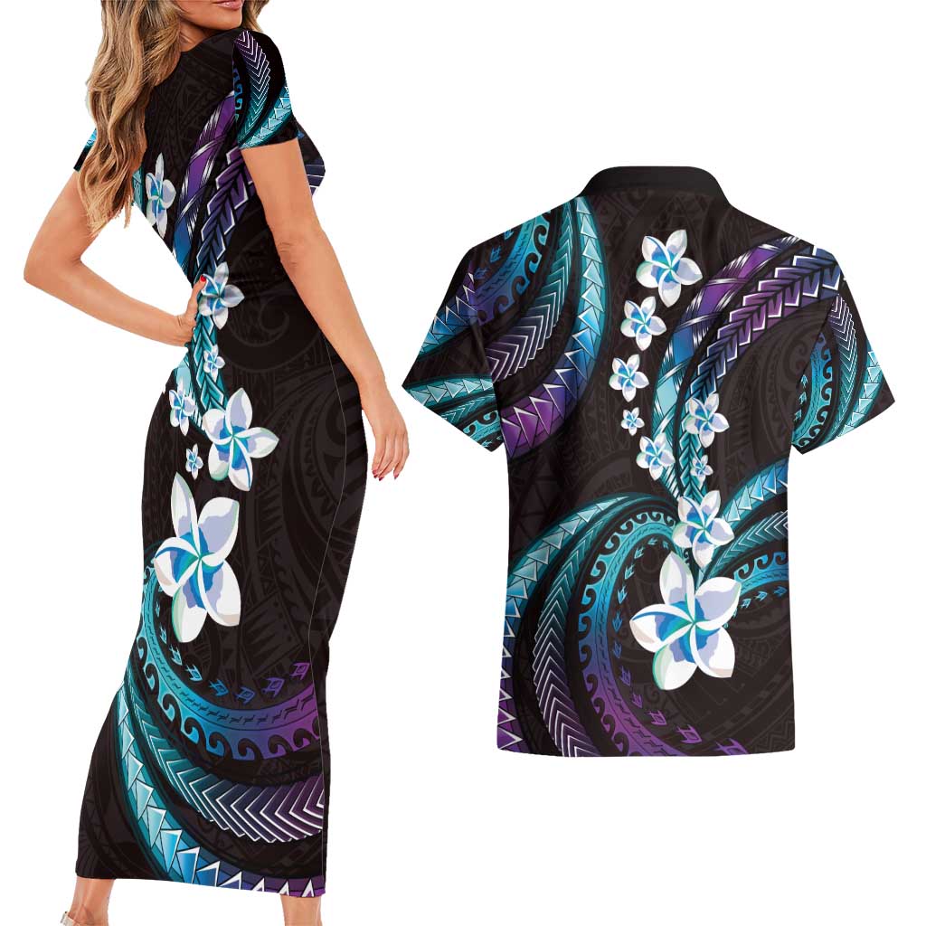 Hawaii Plumeria Couples Matching Short Sleeve Bodycon Dress and Hawaiian Shirt Amethyst Gradient Polynesian Pattern LT01 - Polynesian Pride