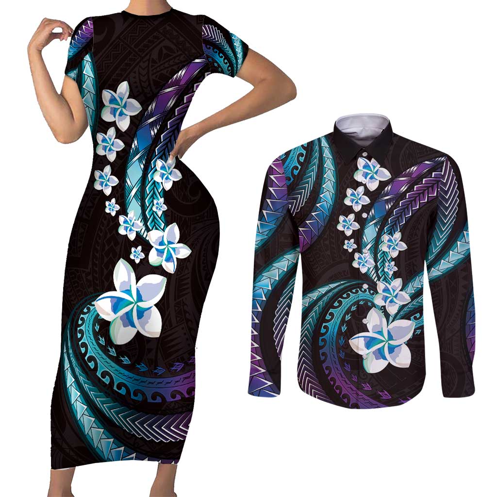 Hawaii Plumeria Couples Matching Short Sleeve Bodycon Dress and Long Sleeve Button Shirt Amethyst Gradient Polynesian Pattern LT01 Purple - Polynesian Pride