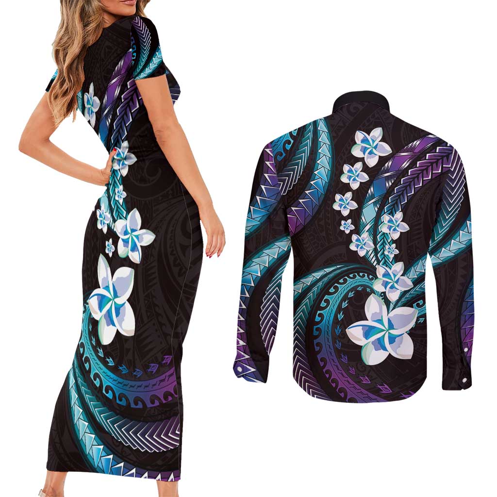 Hawaii Plumeria Couples Matching Short Sleeve Bodycon Dress and Long Sleeve Button Shirt Amethyst Gradient Polynesian Pattern LT01 - Polynesian Pride