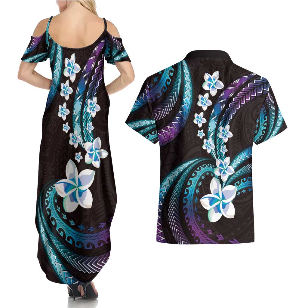 Hawaii Plumeria Couples Matching Summer Maxi Dress and Hawaiian Shirt Amethyst Gradient Polynesian Pattern LT01 - Polynesian Pride