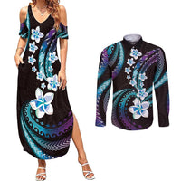 Hawaii Plumeria Couples Matching Summer Maxi Dress and Long Sleeve Button Shirt Amethyst Gradient Polynesian Pattern LT01 Purple - Polynesian Pride