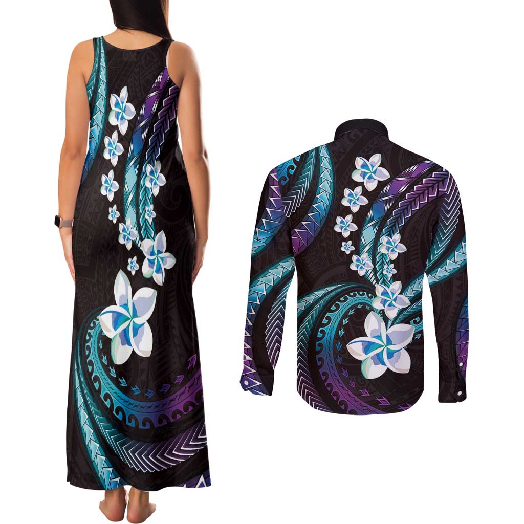 Hawaii Plumeria Couples Matching Tank Maxi Dress and Long Sleeve Button Shirt Amethyst Gradient Polynesian Pattern LT01 - Polynesian Pride