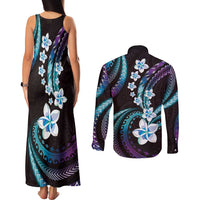 Hawaii Plumeria Couples Matching Tank Maxi Dress and Long Sleeve Button Shirt Amethyst Gradient Polynesian Pattern LT01 - Polynesian Pride