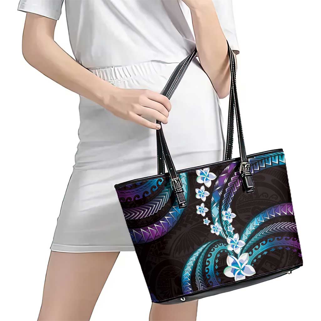 Hawaii Plumeria Leather Tote Bag Amethyst Gradient Polynesian Pattern