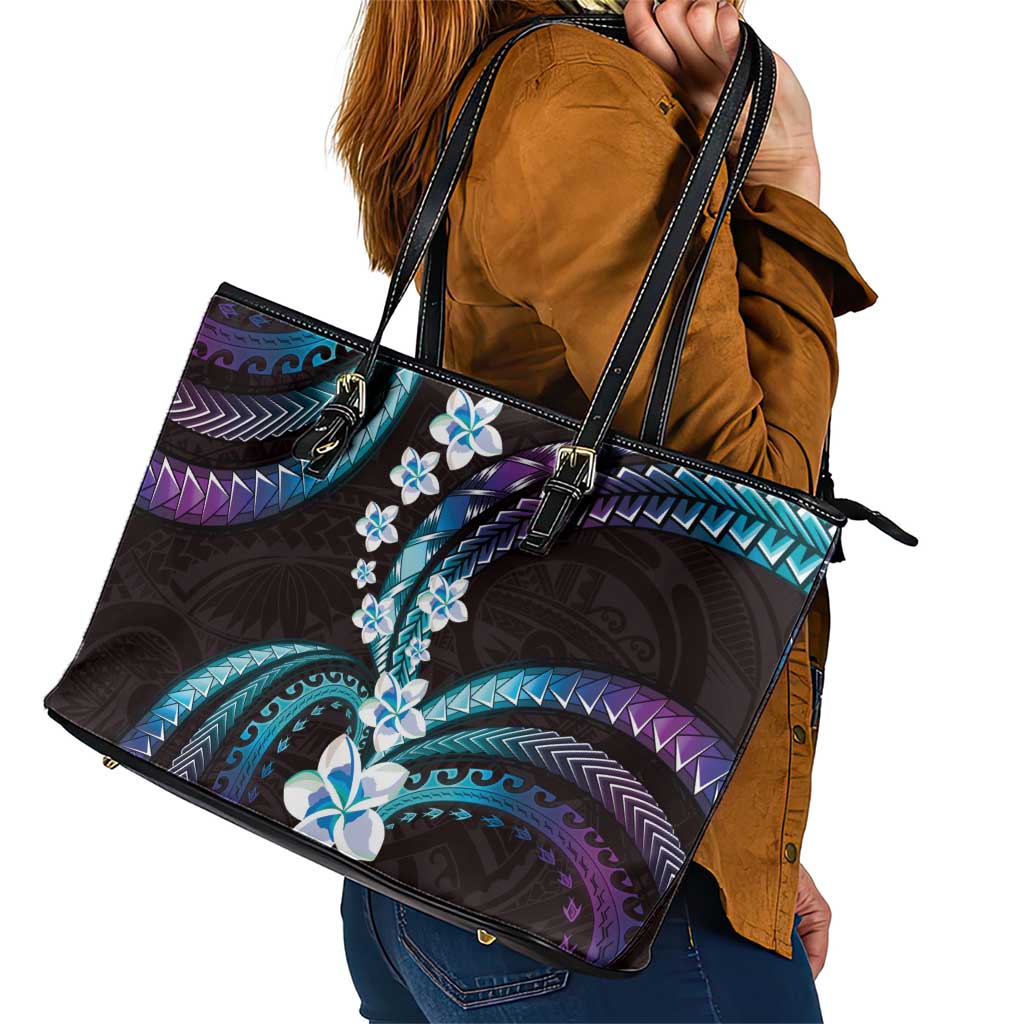 Hawaii Plumeria Leather Tote Bag Amethyst Gradient Polynesian Pattern