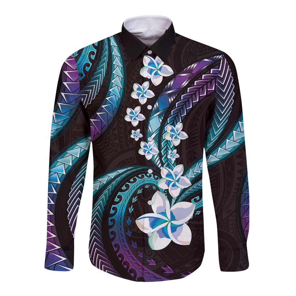 Hawaii Plumeria Long Sleeve Button Shirt Amethyst Gradient Polynesian Pattern LT01 Unisex Purple - Polynesian Pride