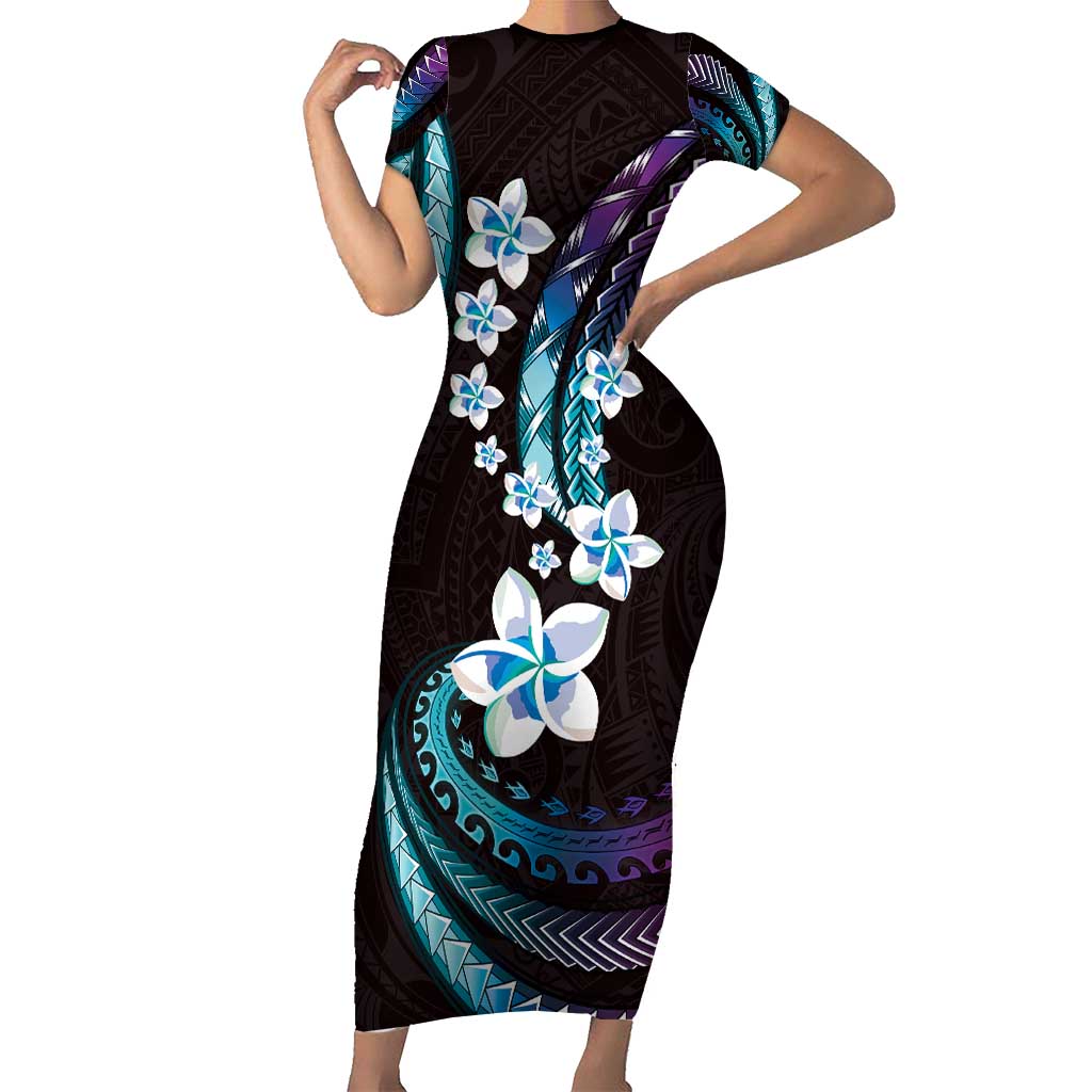 Hawaii Plumeria Short Sleeve Bodycon Dress Amethyst Gradient Polynesian Pattern