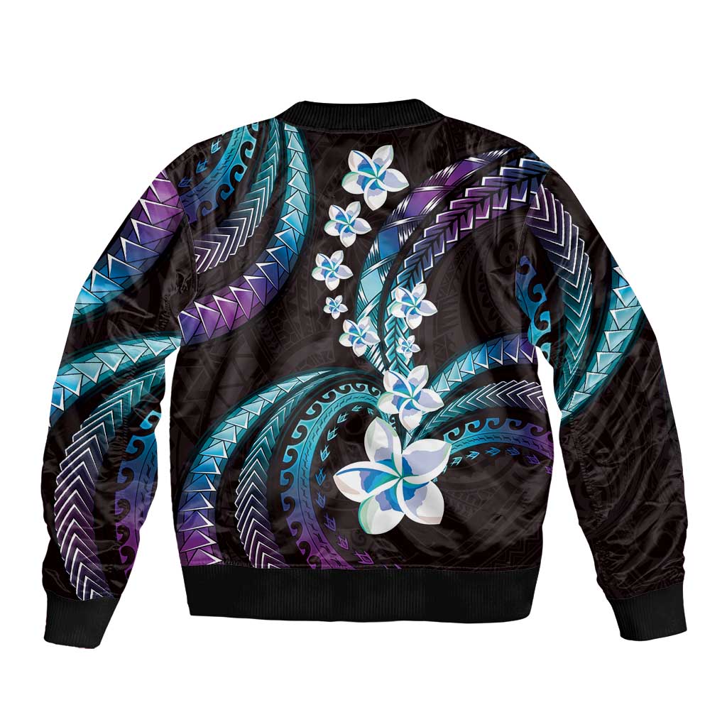 Hawaii Plumeria Sleeve Zip Bomber Jacket Amethyst Gradient Polynesian Pattern