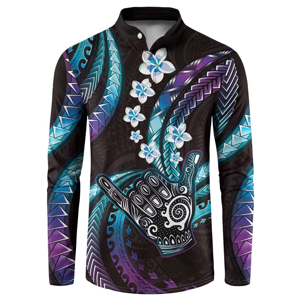 Hawaii Shaka Sign Button Sweatshirt Fantastic Frangipani Amethyst Gradient LT01 Purple - Polynesian Pride
