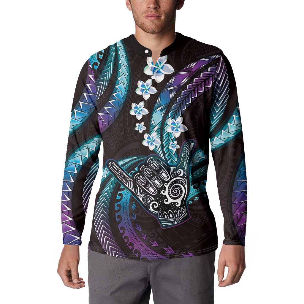 Hawaii Shaka Sign Button Sweatshirt Fantastic Frangipani Amethyst Gradient LT01 - Polynesian Pride