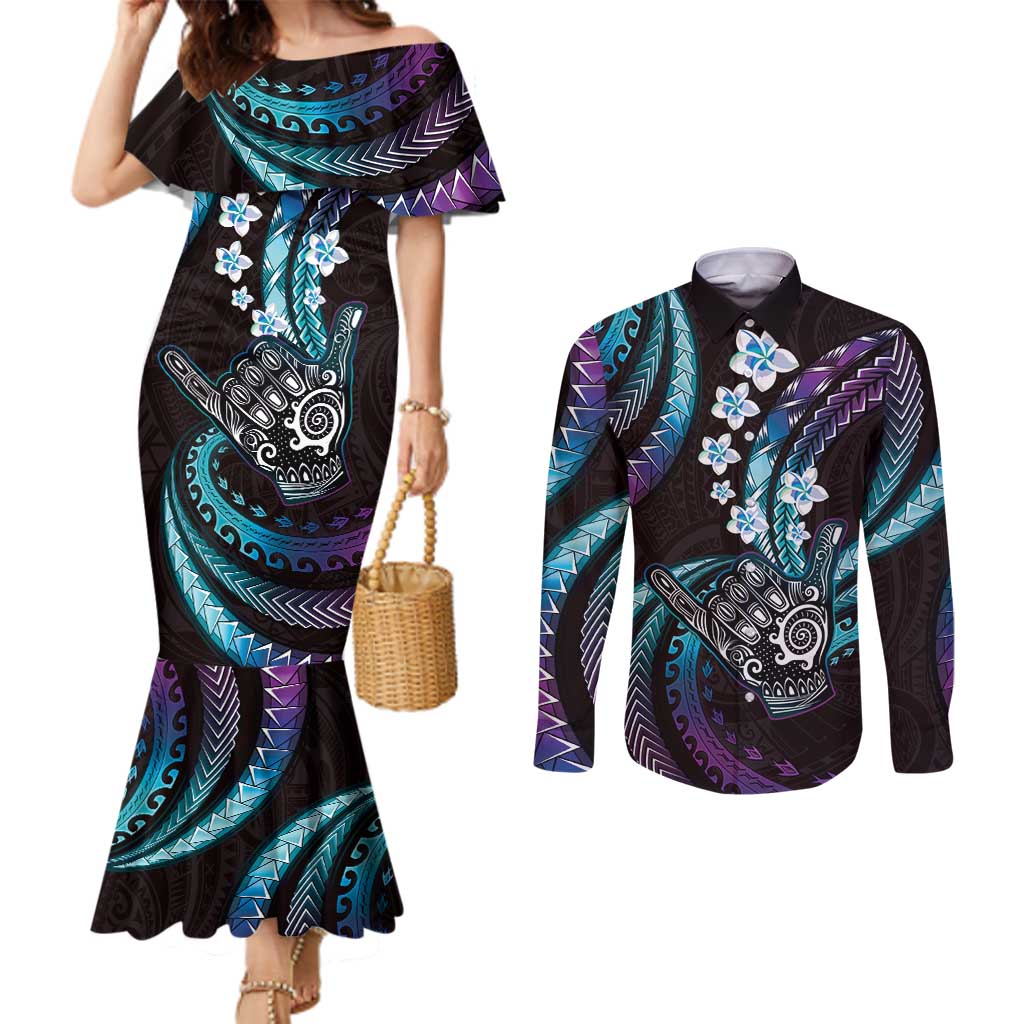 Hawaii Shaka Sign Couples Matching Mermaid Dress and Long Sleeve Button Shirt Fantastic Frangipani Amethyst Gradient LT01 Purple - Polynesian Pride