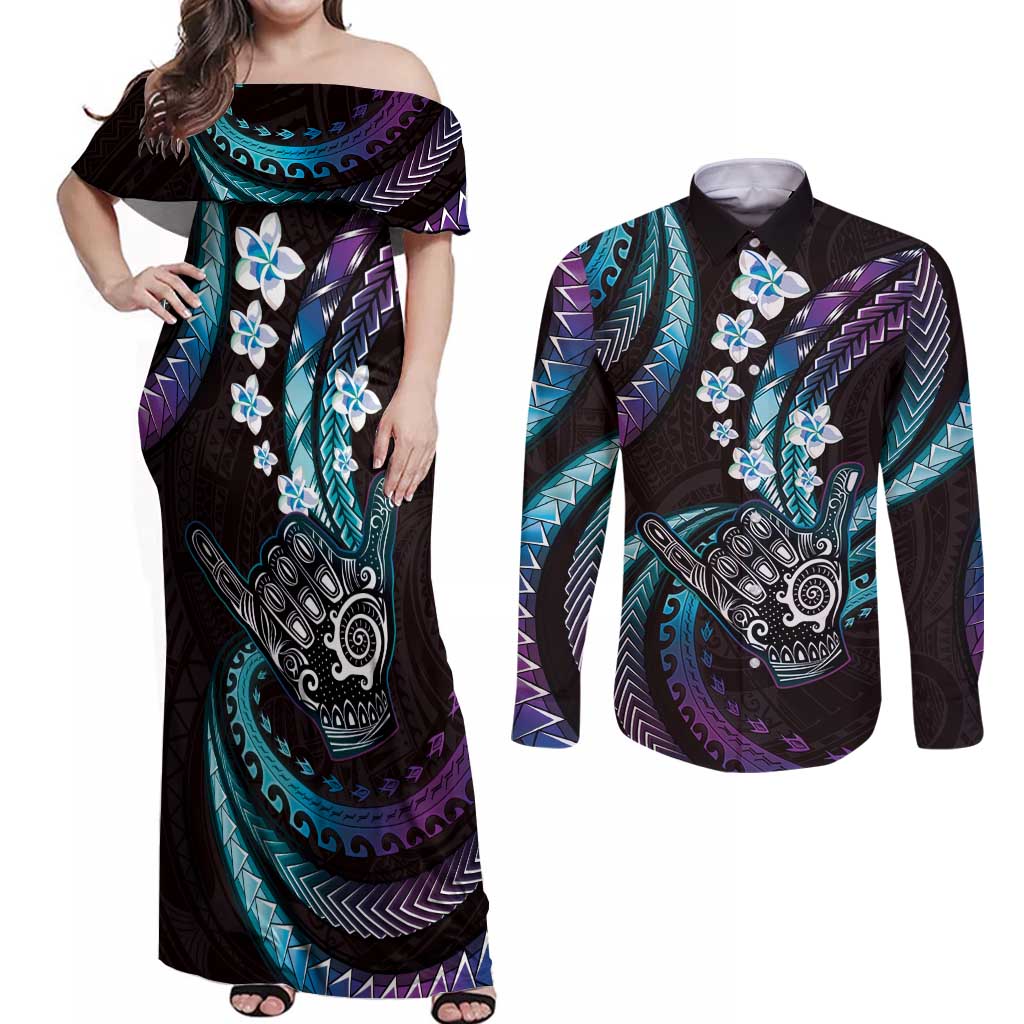 Hawaii Shaka Sign Couples Matching Off Shoulder Maxi Dress and Long Sleeve Button Shirt Fantastic Frangipani Amethyst Gradient LT01 Purple - Polynesian Pride
