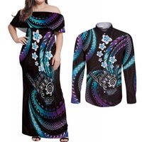 Hawaii Shaka Sign Couples Matching Off Shoulder Maxi Dress and Long Sleeve Button Shirt Fantastic Frangipani Amethyst Gradient LT01 Purple - Polynesian Pride