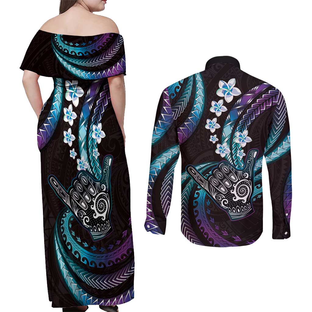 Hawaii Shaka Sign Couples Matching Off Shoulder Maxi Dress and Long Sleeve Button Shirt Fantastic Frangipani Amethyst Gradient LT01 - Polynesian Pride