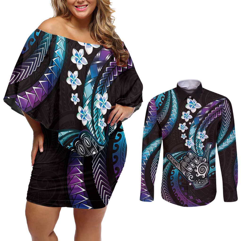 Hawaii Shaka Sign Couples Matching Off Shoulder Short Dress and Long Sleeve Button Shirt Fantastic Frangipani Amethyst Gradient LT01 Purple - Polynesian Pride