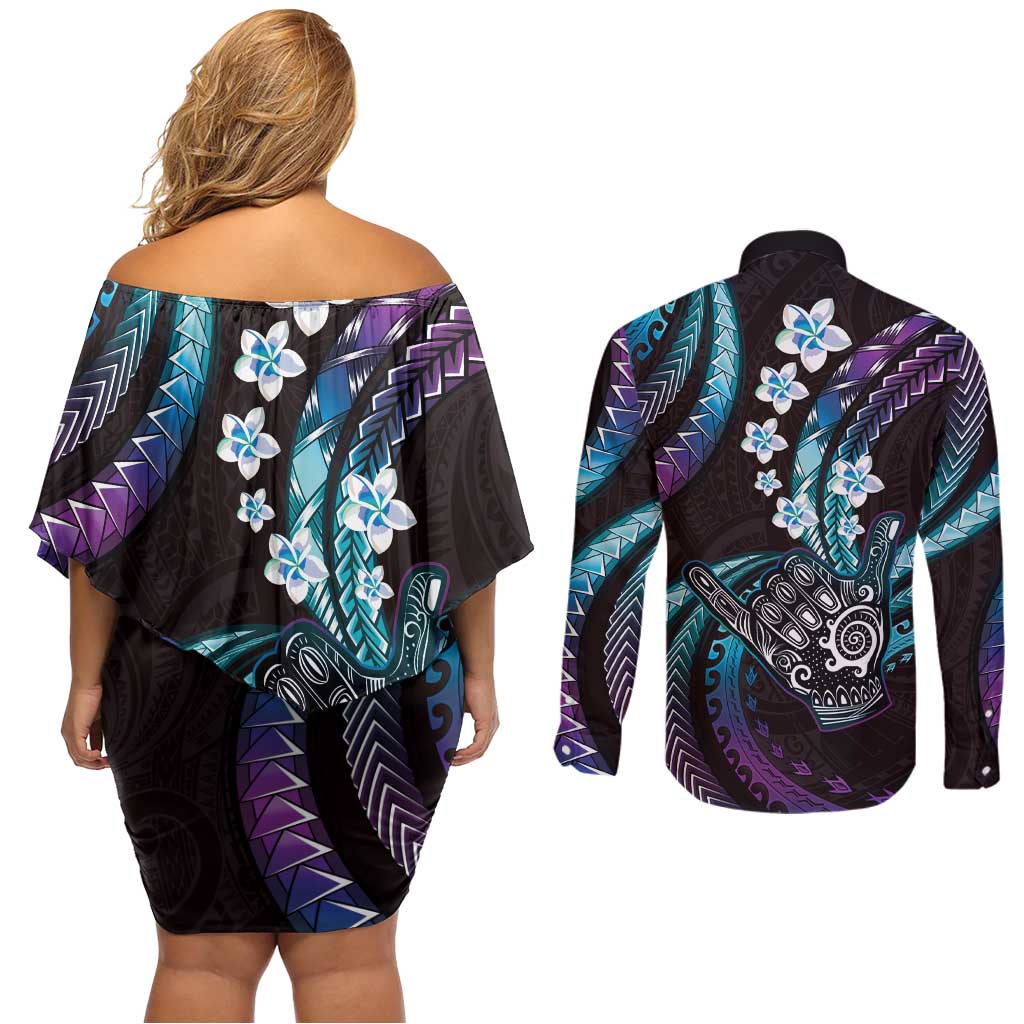 Hawaii Shaka Sign Couples Matching Off Shoulder Short Dress and Long Sleeve Button Shirt Fantastic Frangipani Amethyst Gradient LT01 - Polynesian Pride