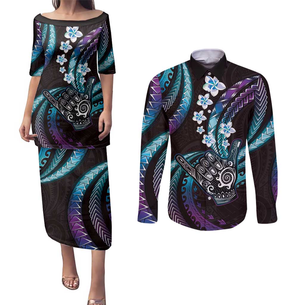 Hawaii Shaka Sign Couples Matching Puletasi and Long Sleeve Button Shirt Fantastic Frangipani Amethyst Gradient LT01 Purple - Polynesian Pride