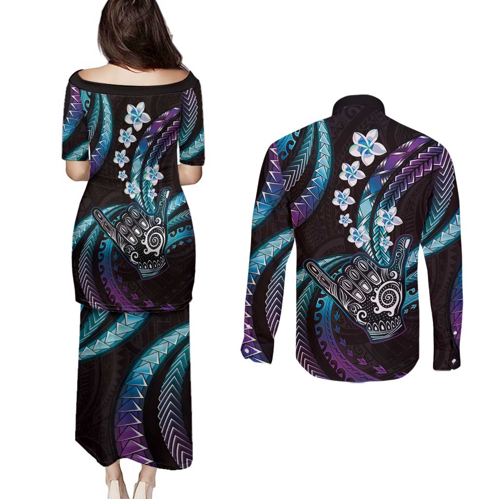 Hawaii Shaka Sign Couples Matching Puletasi and Long Sleeve Button Shirt Fantastic Frangipani Amethyst Gradient LT01 - Polynesian Pride