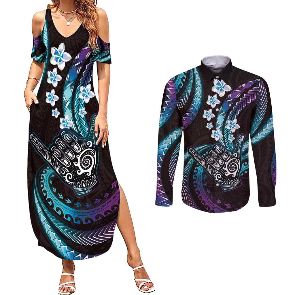 Hawaii Shaka Sign Couples Matching Summer Maxi Dress and Long Sleeve Button Shirt Fantastic Frangipani Amethyst Gradient LT01 Purple - Polynesian Pride